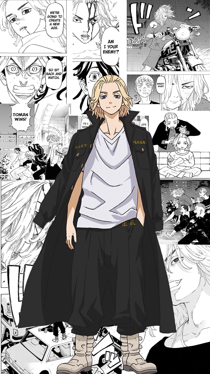 Mikey from Tokyo Revengers in a full-body colored illustration set against a manga panel collage background HD phone wallpaper