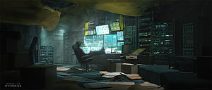 Sci-Fi Hacker Room Concept Art with Multiple Monitors and Server Racks HD wallpaper
