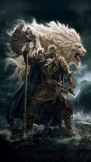 Fantasy warrior with giant white lion spirit holding battle axe in stormy ocean HD phone wallpaper