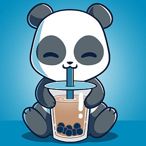 Cute Cartoon Panda Drinking Bubble Tea with Tapioca Pearls on Blue Background HD phone wallpaper