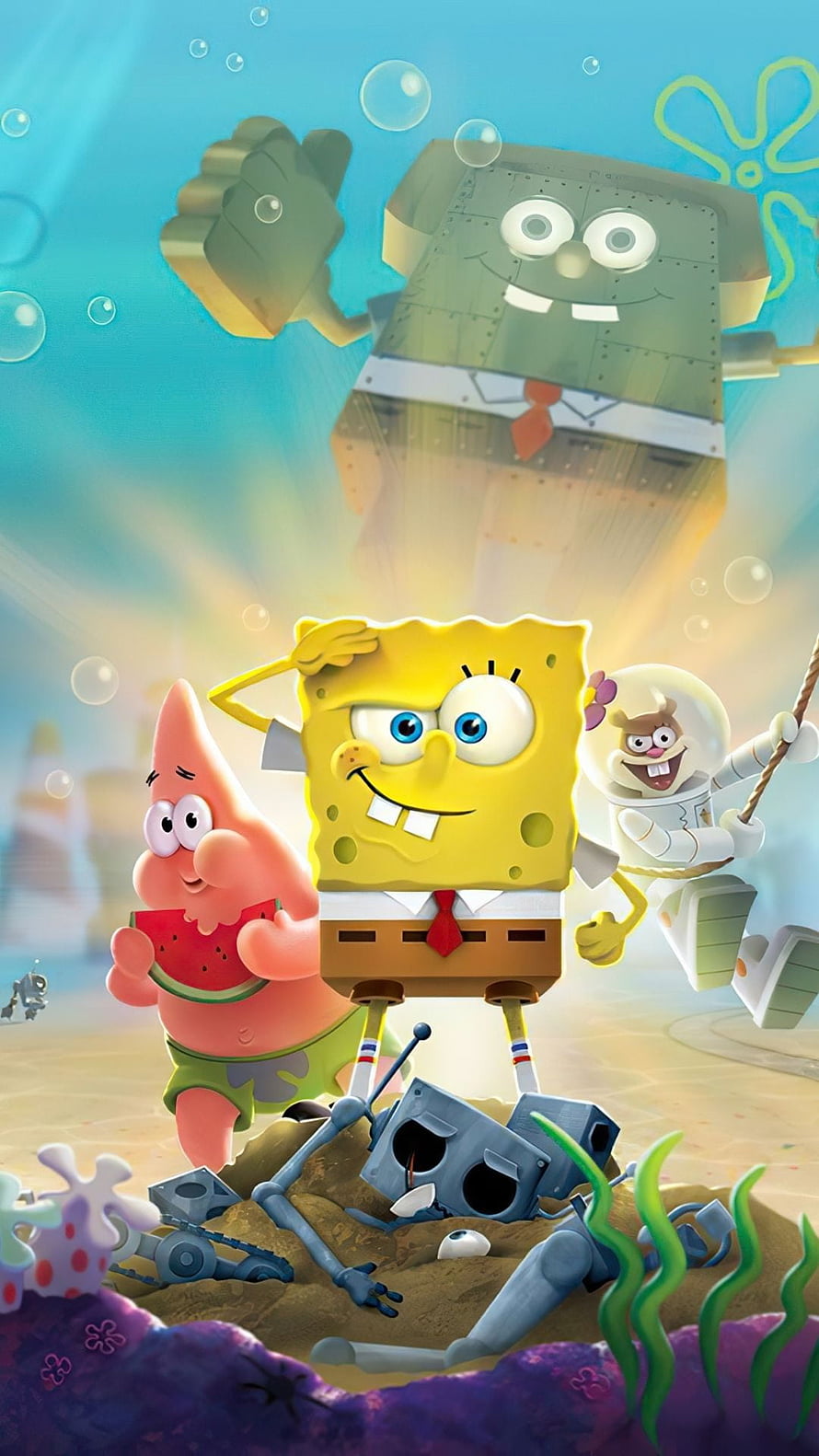 SpongeBob SquarePants, Patrick Star, and Sandy Cheeks in an underwater adventure with a giant robot HD phone wallpaper