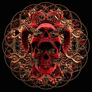 Red Horned Skull Mandala with Gold Baroque Ornaments and Roses, Red skull, abstract, art HD phone wallpaper