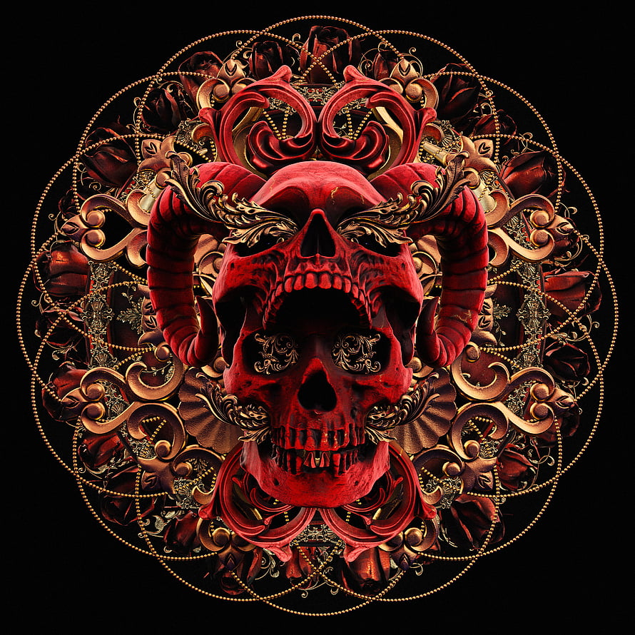 Red Horned Skull Mandala with Gold Baroque Ornaments and Roses, Red skull, abstract, art HD phone wallpaper