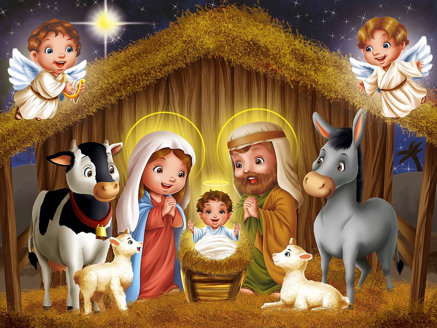 Cute Cartoon Nativity Scene With Baby Jesus, Mary, Joseph, Angels, And Farm Animals HD wallpaper
