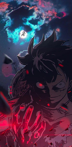Luffy Joyboy One Piece Dark Anime Artwork with Glowing Red Eyes and Cosmic Sky HD phone wallpaper