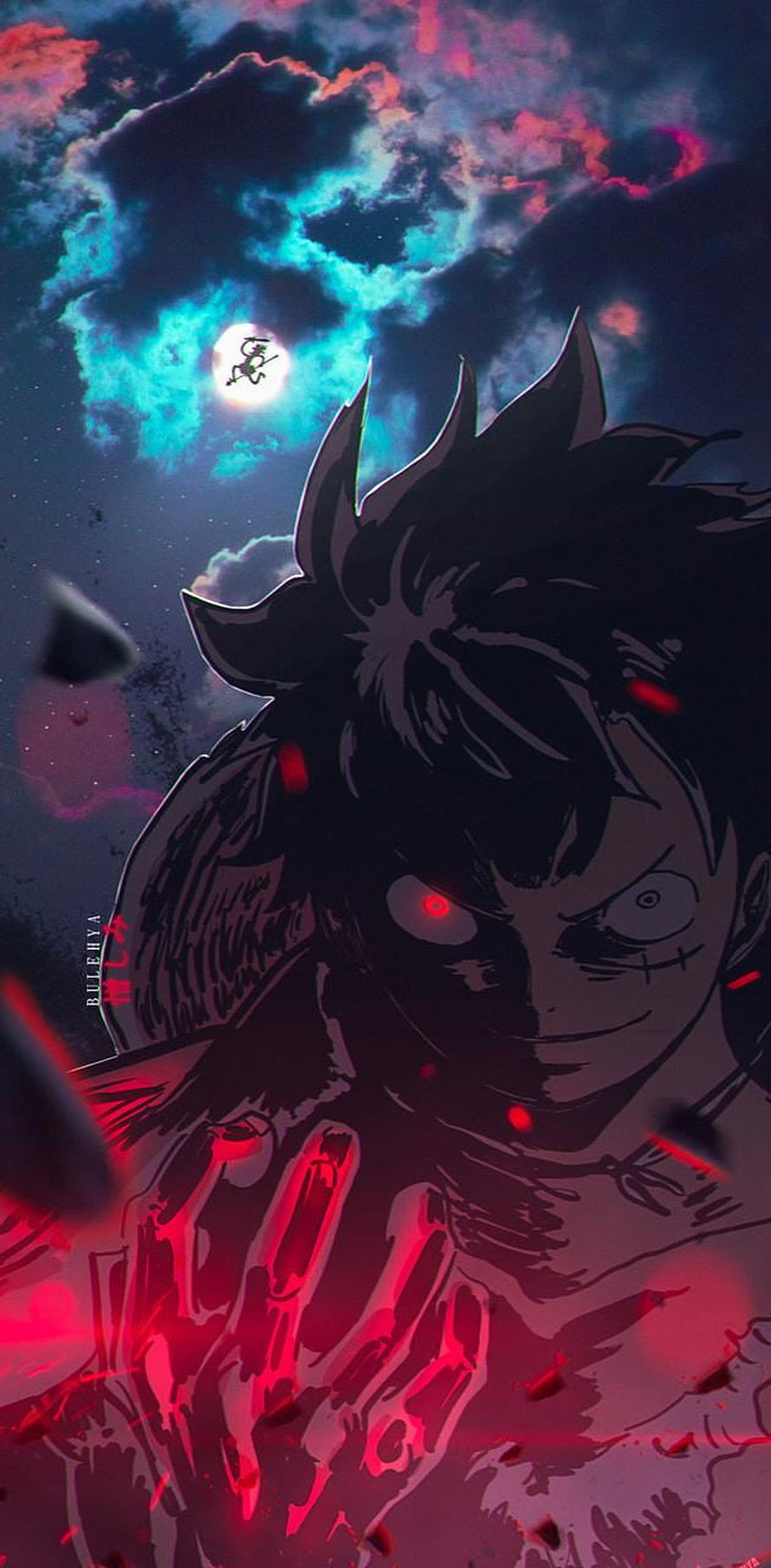 Luffy Joyboy One Piece Dark Anime Artwork with Glowing Red Eyes and Cosmic Sky HD phone wallpaper