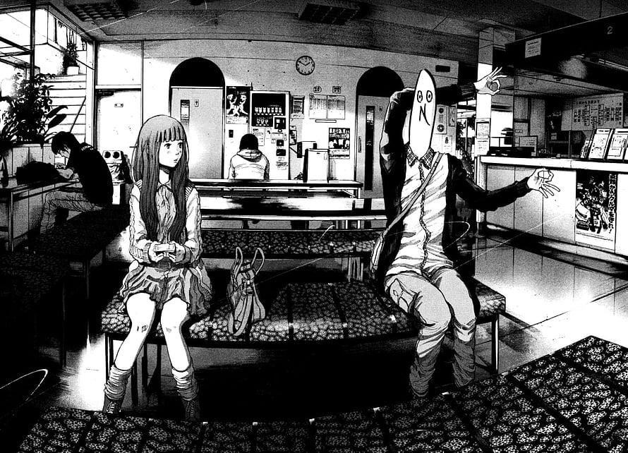 Oyasumi Punpun manga panel featuring the protagonist and a masked figure in a public waiting room HD wallpaper