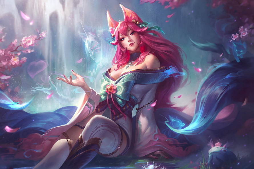Ahri from League of Legends in a mystical forest with cherry blossoms and ethereal blue spirit wisps HD wallpaper