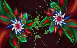 Vibrant Fractal Flower Art with Neon Green Leaves and Dark Background HD wallpaper
