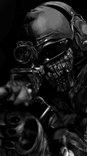 Black and White Skull Soldier Sniper Portrait HD phone wallpaper