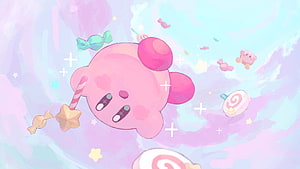 Cute Pink Kirby Floating Among Pastel Candy and Sweets in a Dreamy Sky HD wallpaper