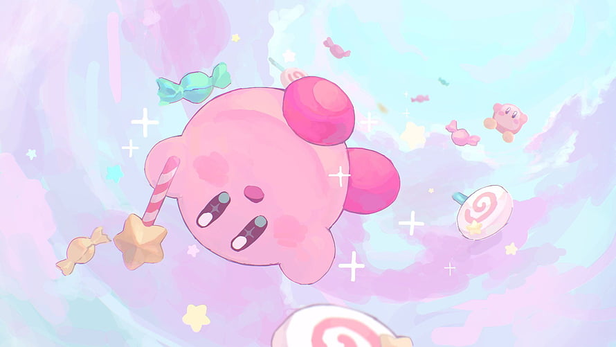 Cute Pink Kirby Floating Among Pastel Candy and Sweets in a Dreamy Sky HD wallpaper