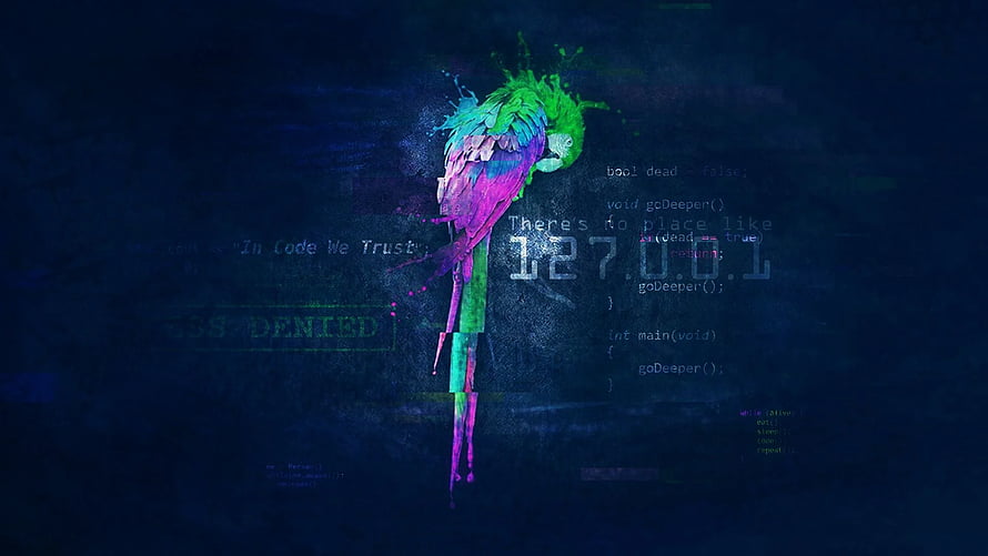 Colorful Parrot With Coding Text And 127.0.0.1 IP Address On Dark Blue Background HD wallpaper