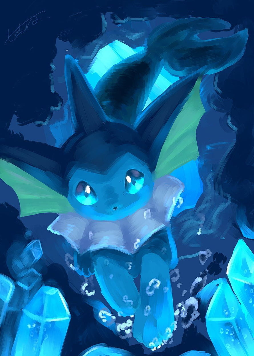 Vaporeon in a Glowing Crystal Cave with Blue Bioluminescent Light HD phone wallpaper
