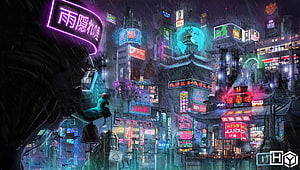 Neon-Lit Cyberpunk Cityscape with Rain and Traditional Japanese Architecture HD wallpaper