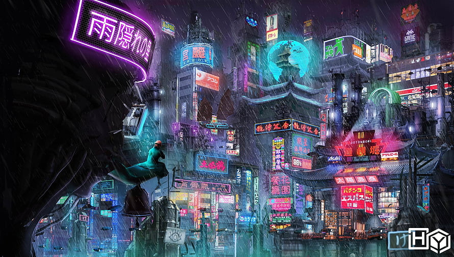 Neon-Lit Cyberpunk Cityscape with Rain and Traditional Japanese Architecture HD wallpaper