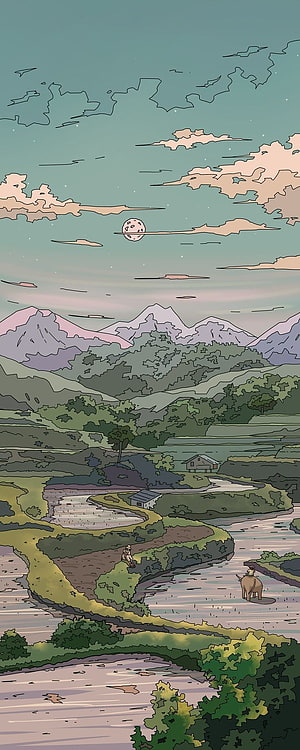 Serene Illustrated Countryside Landscape with Mountains, River, and Moonlit Sky HD phone wallpaper