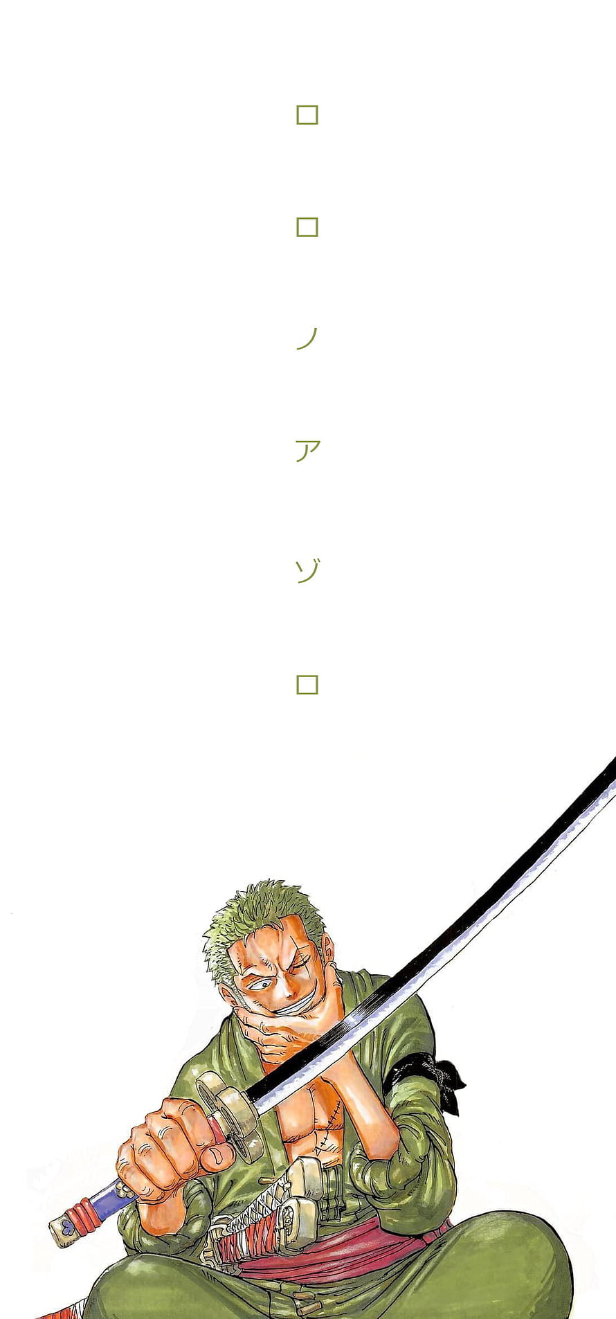 Roronoa Zoro from One Piece in a seated pose holding a katana with a confident grin HD phone wallpaper