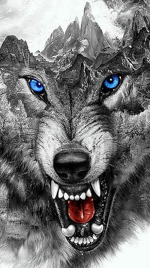 Fierce Wolf With Blue Eyes And Mountain Landscape Double Exposure Art HD phone wallpaper