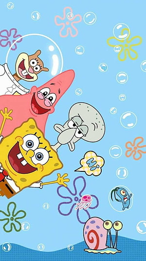 SpongeBob SquarePants, Patrick Star, Squidward, Sandy Cheeks, and Gary underwater cartoon wallpaper HD phone wallpaper