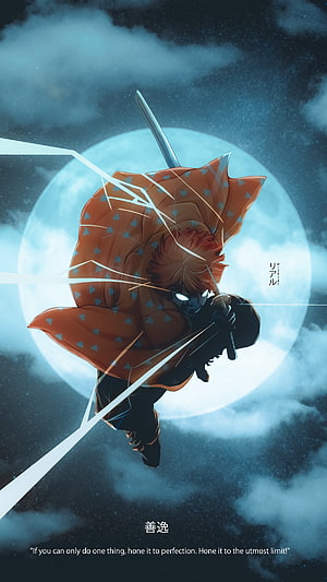 Zenitsu Agatsuma from Demon Slayer wielding sword against full moon night sky anime wallpaper HD phone wallpaper