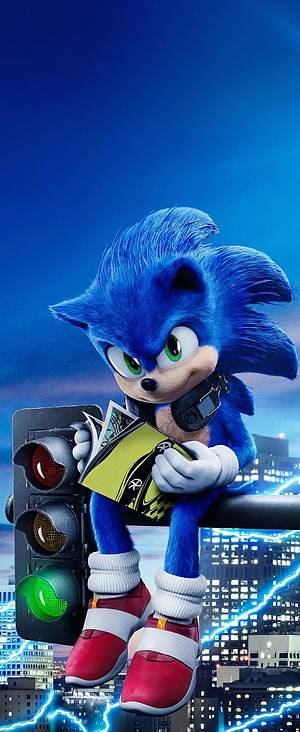Sonic the Hedgehog Sitting on Traffic Light with City Skyline and Lightning HD phone wallpaper