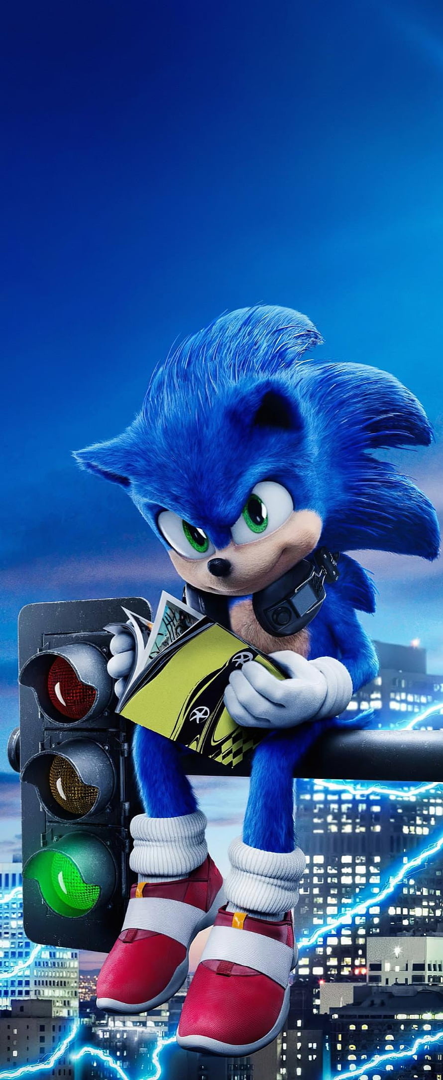 Sonic the Hedgehog Sitting on Traffic Light with City Skyline and Lightning HD phone wallpaper