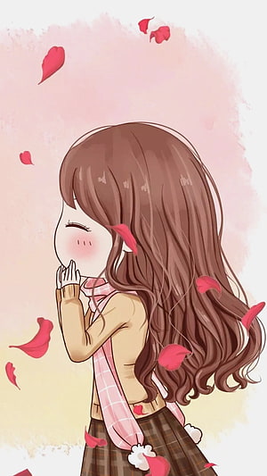 Cute Anime Girl With Long Brown Hair Blowing Pink Flower Petals HD phone wallpaper