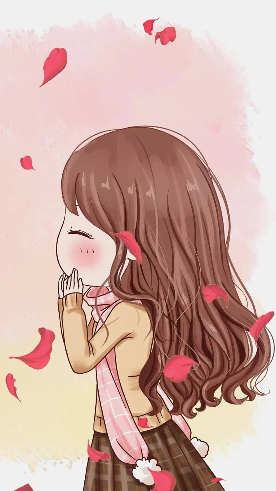 Cute Anime Girl With Long Brown Hair Blowing Pink Flower Petals HD phone wallpaper