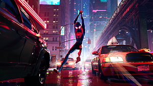 Miles Morales Spider-Man swinging through a neon-lit rainy city street at night, Movie, spider-man, Spider-Man: Into the Spider-Verse HD wallpaper