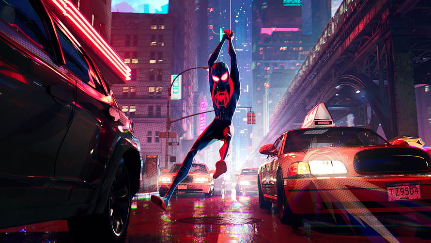 Miles Morales Spider-Man swinging through a neon-lit rainy city street at night, Movie, spider-man, Spider-Man: Into the Spider-Verse HD wallpaper