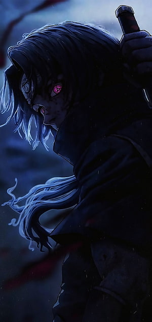 Madara Uchiha wielding sword with glowing red Sharingan eyes in dark anime style HD phone wallpaper