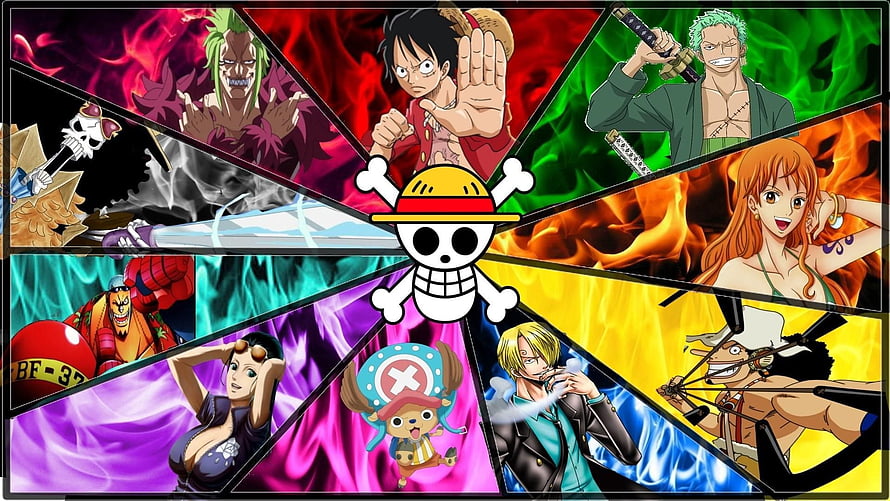 One Piece Straw Hat Crew Character Collage with Jolly Roger Jigsaw Layout HD wallpaper
