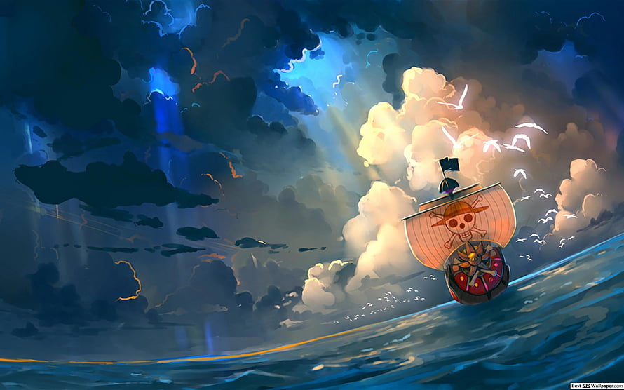 Thousand Sunny sailing through dramatic stormy seas with golden sunlight breaking through dark clouds HD wallpaper