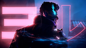 Cyberpunk Male Character With Glowing Blue Eye And Neon Pink Background HD wallpaper