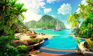 Tropical Paradise Resort Pool with Sailboat and Lush Palm Trees HD wallpaper