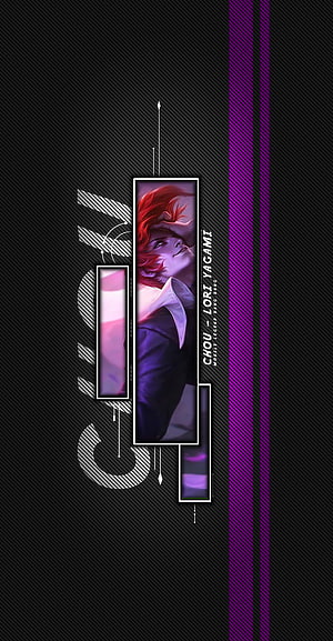 Chou from Mobile Legends: Bang Bang in a stylized vertical frame with red hair and purple accents on a dark background HD phone wallpaper