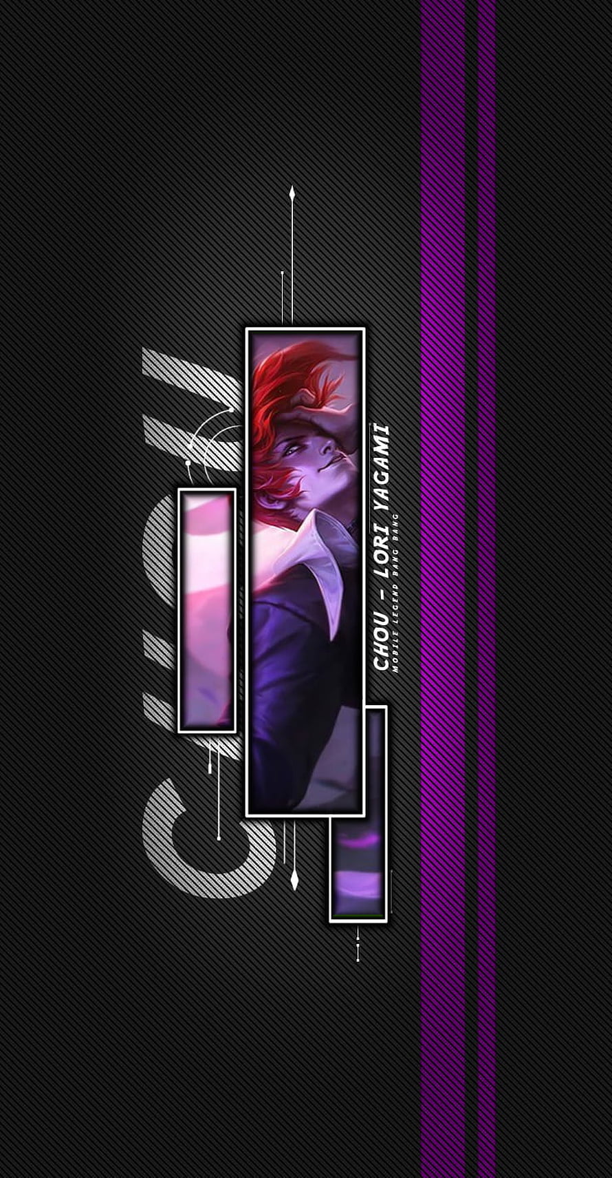 Chou from Mobile Legends: Bang Bang in a stylized vertical frame with red hair and purple accents on a dark background HD phone wallpaper