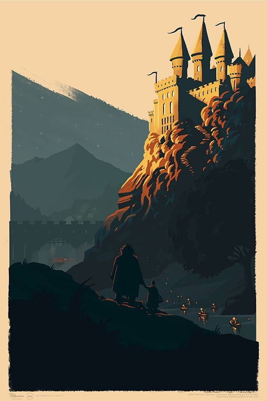 Harry Potter Hogwarts Castle Poster with Silhouetted Figures and Vintage Illustration Style HD phone wallpaper