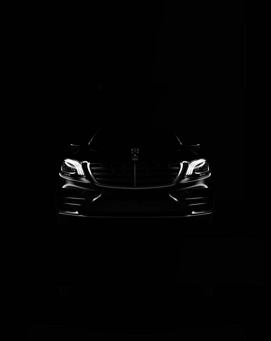Mercedes-Benz Front Fascia with Illuminated Headlights Against Black Background HD phone wallpaper