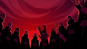 Akatsuki Members Silhouetted Against Crimson Sky in Stylized Naruto Illustration HD wallpaper