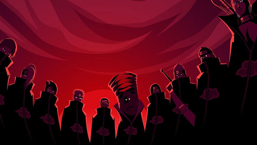Akatsuki Members Silhouetted Against Crimson Sky in Stylized Naruto Illustration HD wallpaper