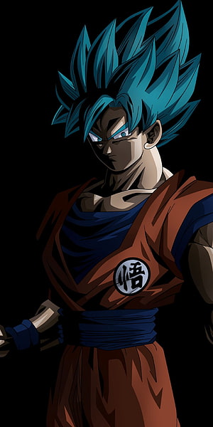 Goku in Blue Super Saiyan Form Wearing Orange Gi on Black Background HD phone wallpaper