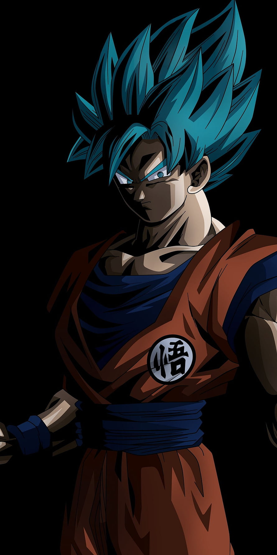 Goku in Blue Super Saiyan Form Wearing Orange Gi on Black Background HD phone wallpaper