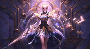 Seraphine from League of Legends in Ethereal Golden Armor and White Cape HD wallpaper