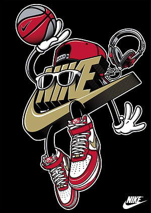 Nike Swoosh Character with Air Jordan 1 Sneakers, Basketball, and Headphones Street Art Illustration HD phone wallpaper