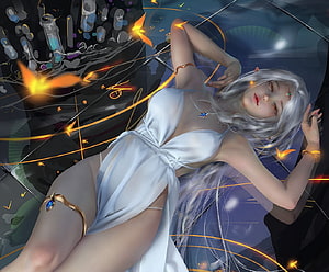 Ethereal Silver-Haired Elf Woman in White Gown with Glowing Golden Orbs and Fantasy Art, Beauty, white, frumusete, art, shiwen liu, girl, elf, manlf, fantasy, luminos HD wallpaper