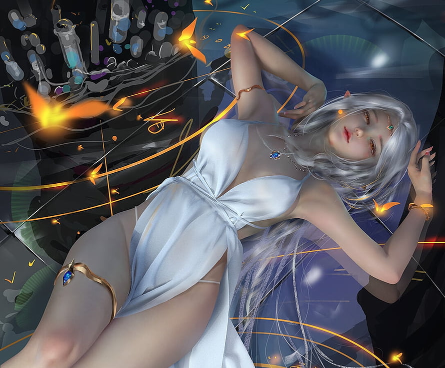 Ethereal Silver-Haired Elf Woman in White Gown with Glowing Golden Orbs and Fantasy Art, Beauty, white, frumusete, art, shiwen liu, girl, elf, manlf, fantasy, luminos HD wallpaper