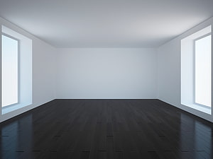Minimalist Empty Room Interior With Dark Wood Flooring And White Walls HD wallpaper