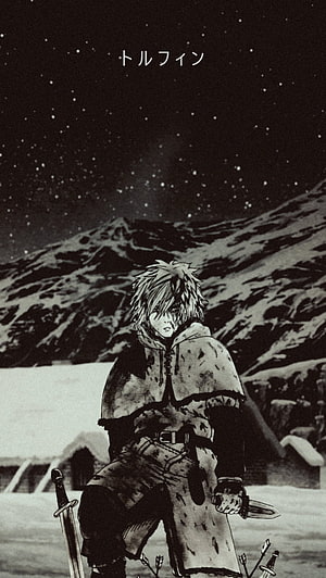 Thorfinn from Vinland Saga in a Snowy Night Landscape with Sword and Arrows HD phone wallpaper